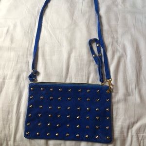 Suede blue crossbody or clutch/wristlet with studs